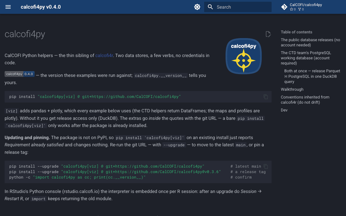 Screenshot of calcofi4py (dark theme)