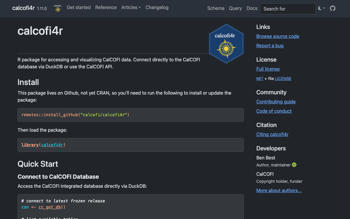 Screenshot of calcofi4r (dark theme)