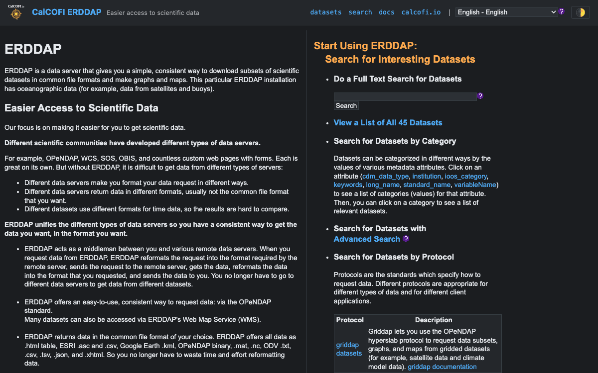 Screenshot of erddap (dark theme)
