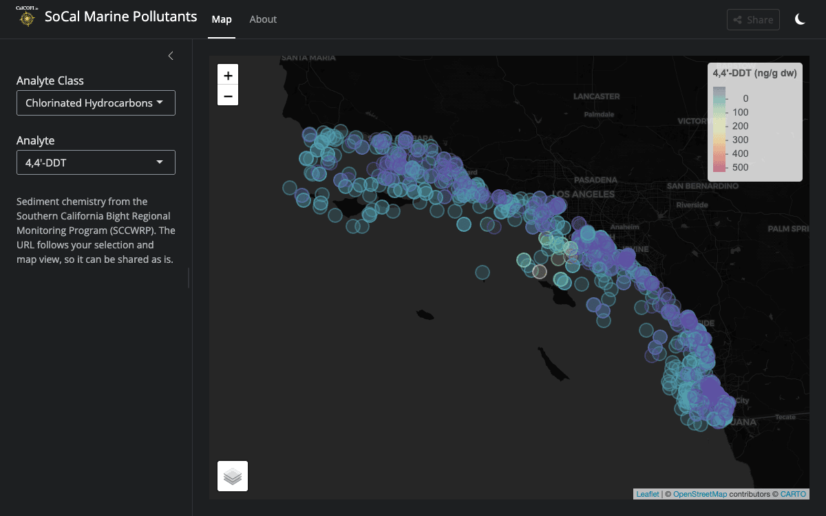 Screenshot of Pollutants Explorer (dark theme)