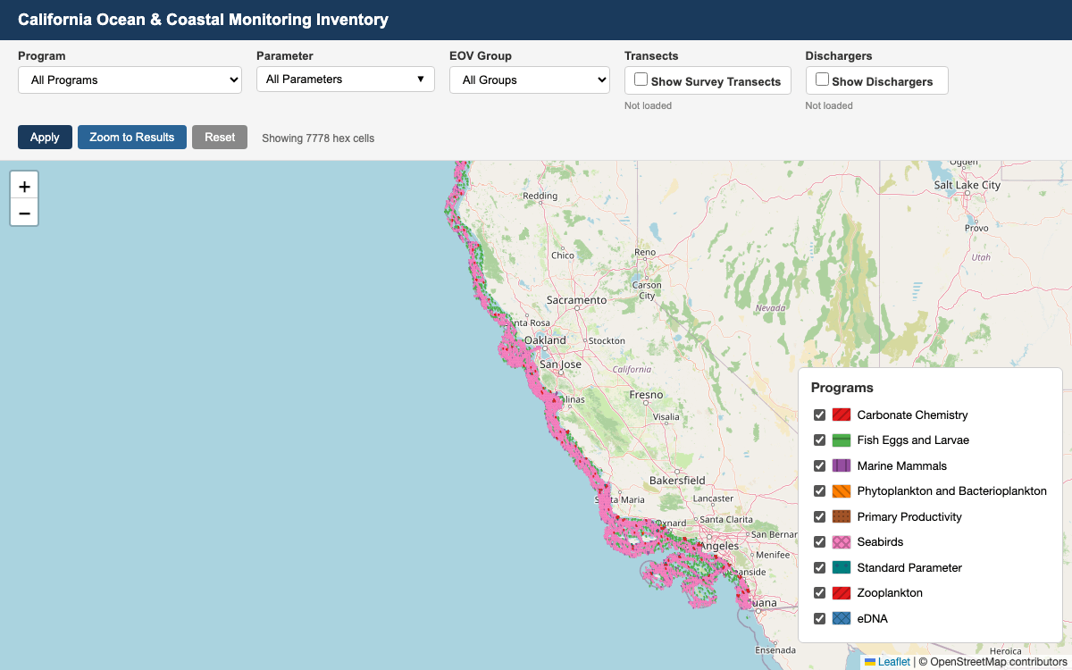 Screenshot of CA Ocean Monitoring Map